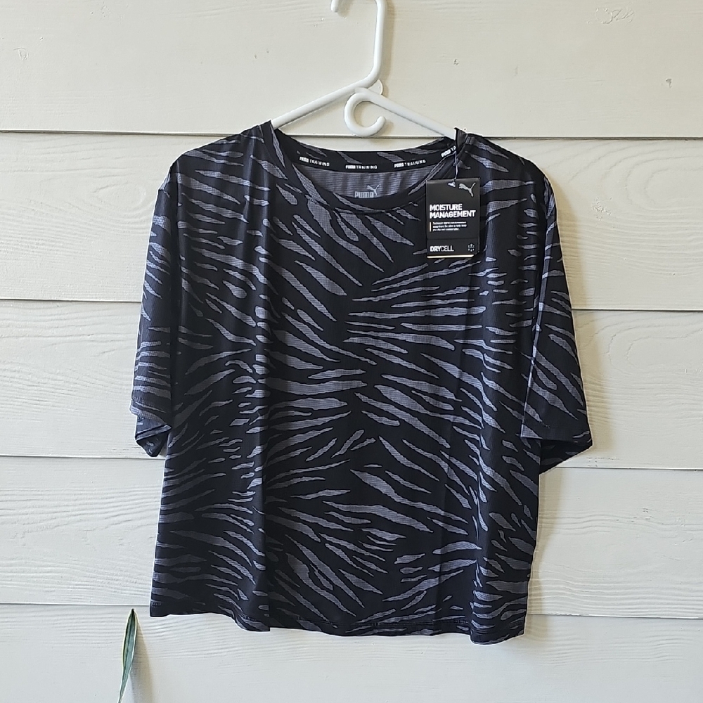 NWT PUMA Training DryCell Zebra Print Crop Top Tee Grey Black Plus Size 1X